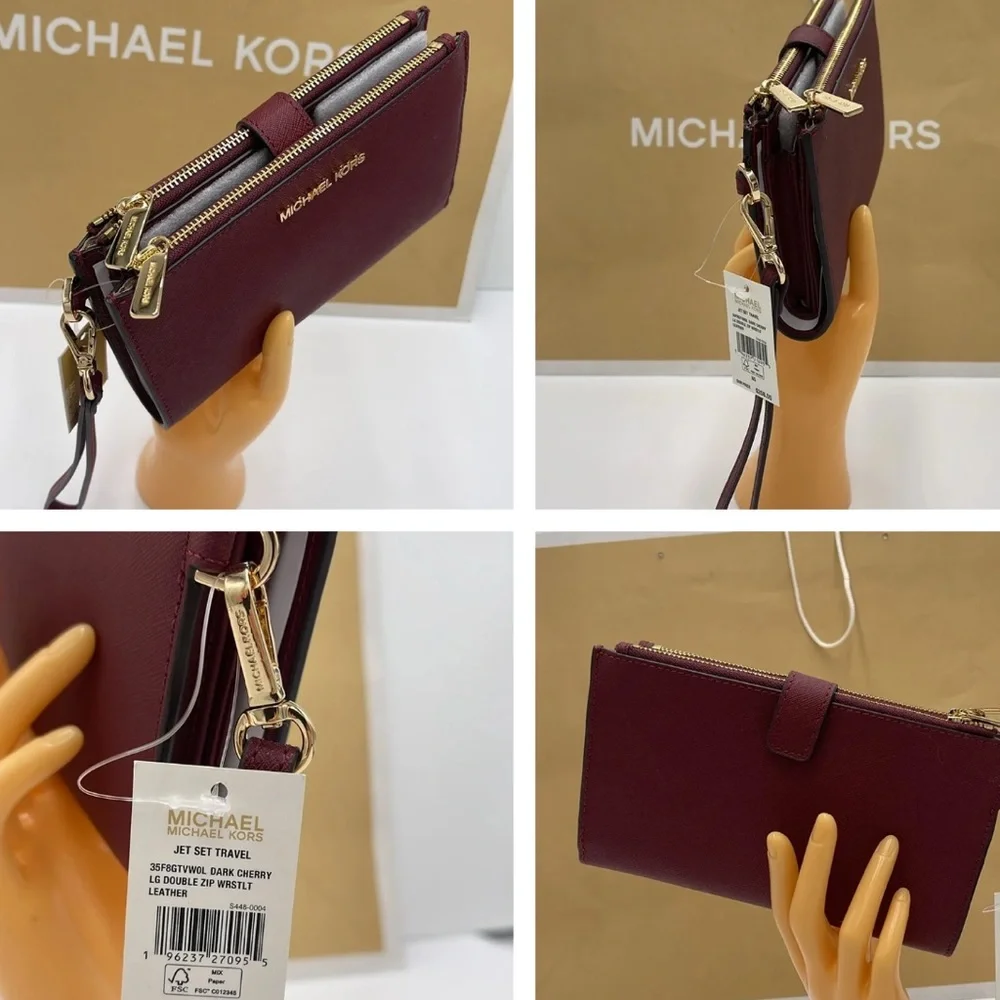 MICHAEL KORS LARGE DOUBLE ZIP WRISTLET WALLET DARK CHERRY COLOR